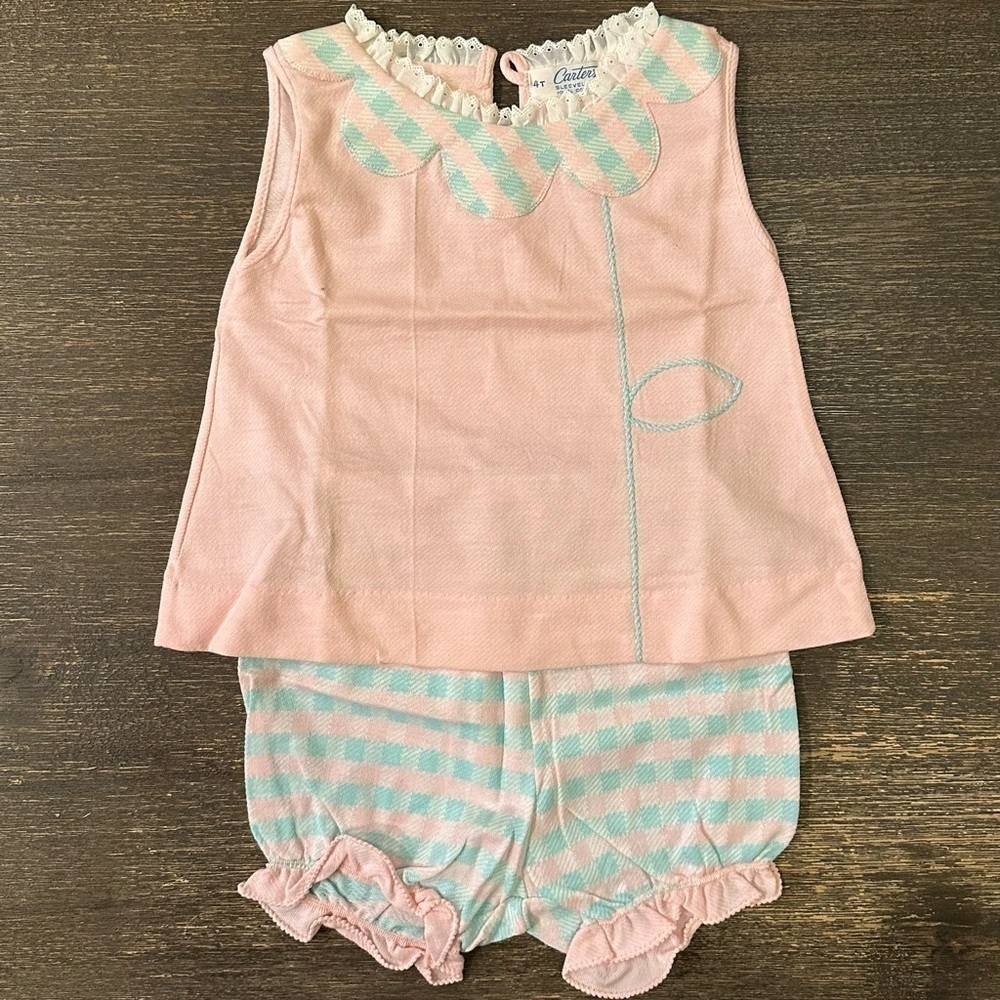 VTG Carter’s 60s/70s Baby/Toddler 4T Set Girls Gingham Summer Outfit Pink Blue - Picture 1 of 9